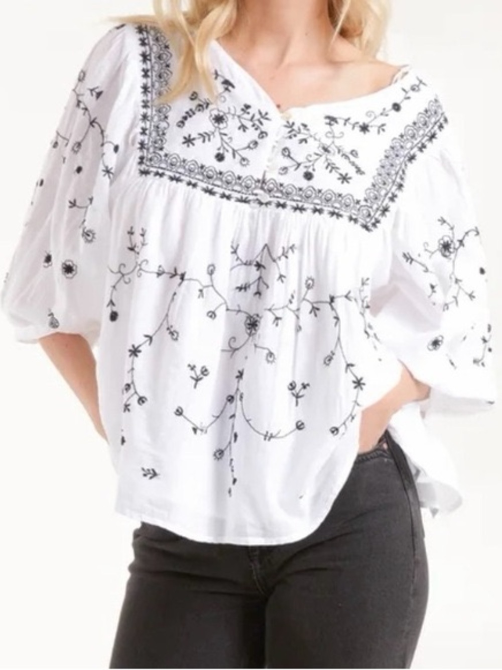 Zara Black and White Embroidered Blouse